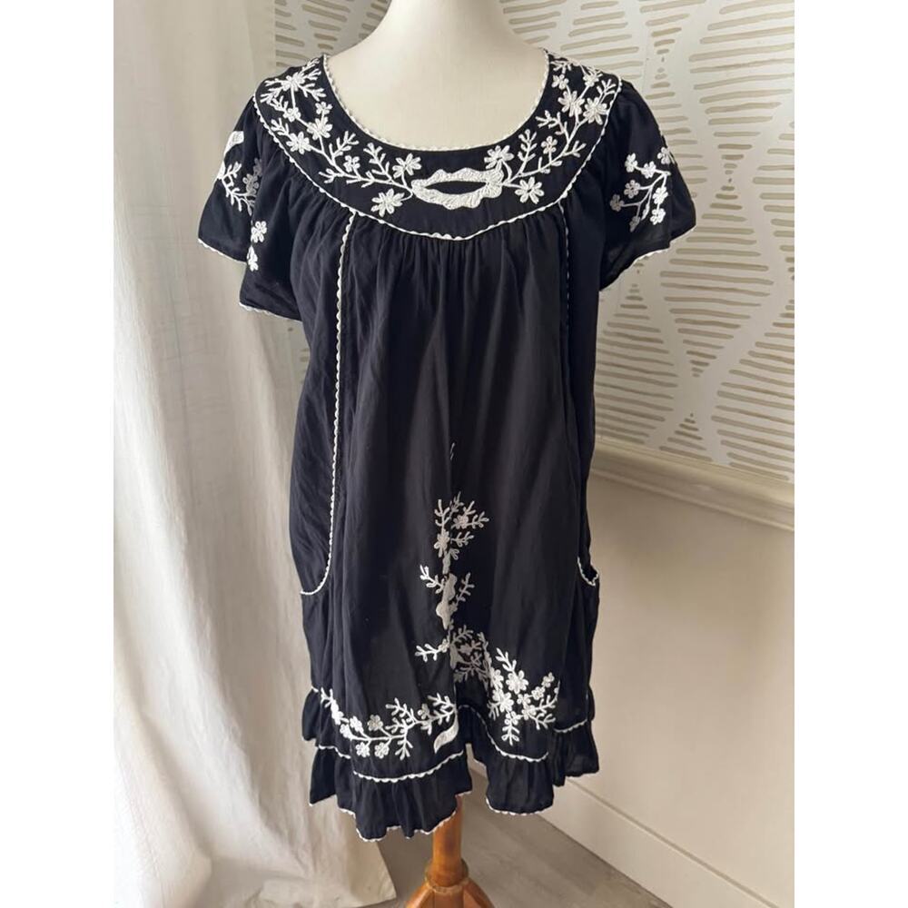 Indian Tropical Fashion One Size 100% Cotton Black White Embroidered Mini Dress - Picture 2 of 7